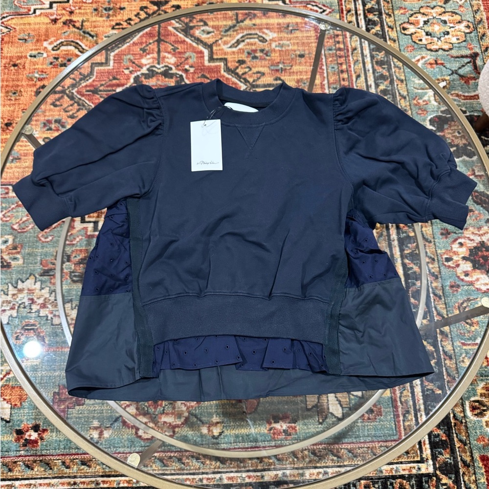 3.1 phillip lim puff sleeve sweatshirt with voile combo in midnight